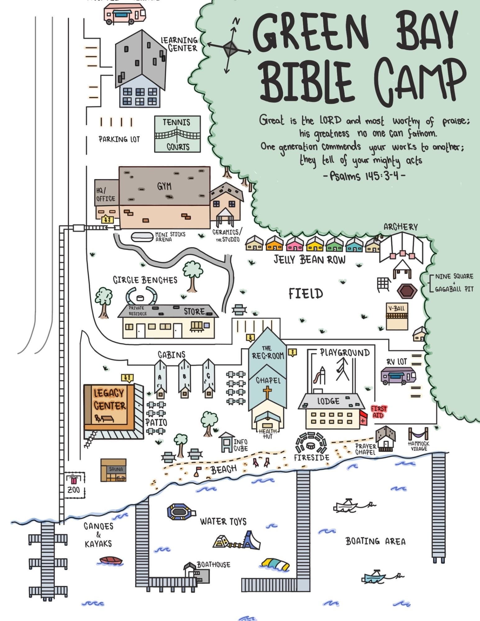 Map of Green Bay Bible Camp showing the chapel, lodge, cabins, gym, field, beach and docks